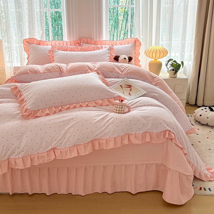 铠畅 2026春夏新款 锦朵系列韩版水洗棉小清新古棉床盖四件套 锦朵 粉雾点