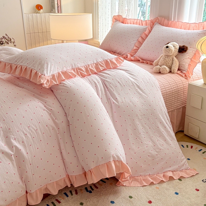 91家纺网 家纺一手货源 找家纺 铠畅 2026春夏新款 锦朵系列韩版水洗棉小清新古棉床盖四件套 锦朵 粉雾点