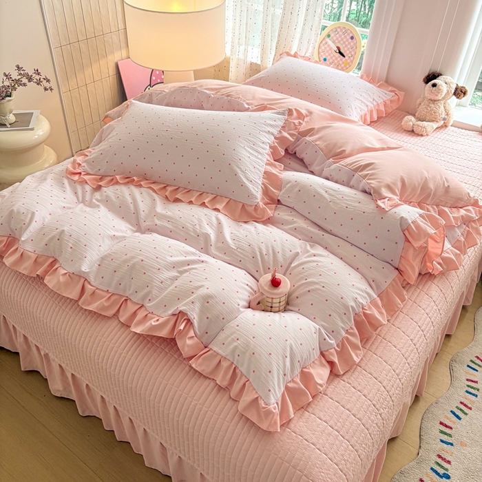 91家纺网 家纺一手货源 找家纺 铠畅 2026春夏新款 锦朵系列韩版水洗棉小清新古棉床盖四件套 锦朵 粉雾点