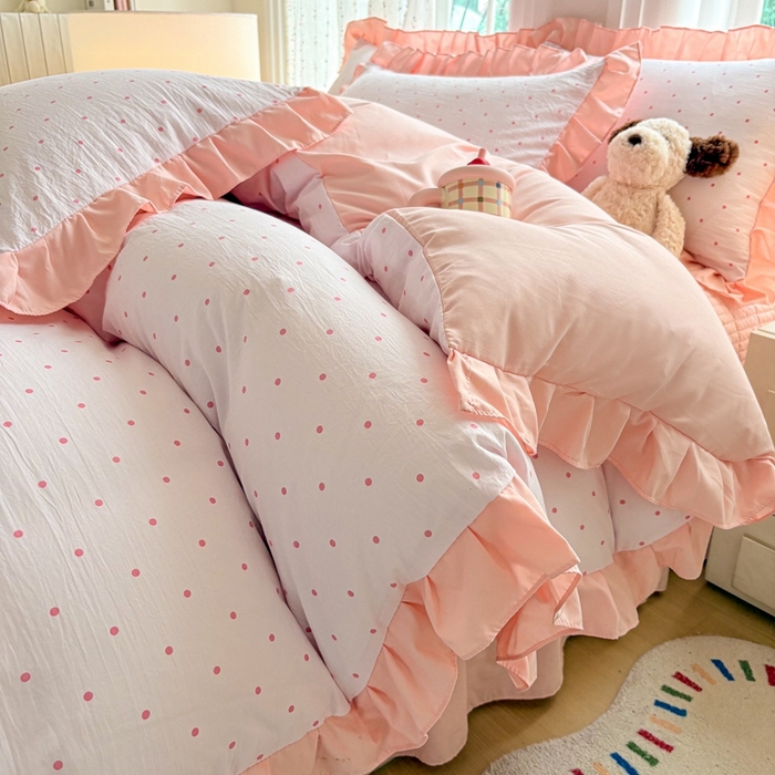 91家纺网 家纺一手货源 找家纺 铠畅 2026春夏新款 锦朵系列韩版水洗棉小清新古棉床盖四件套 锦朵 粉雾点