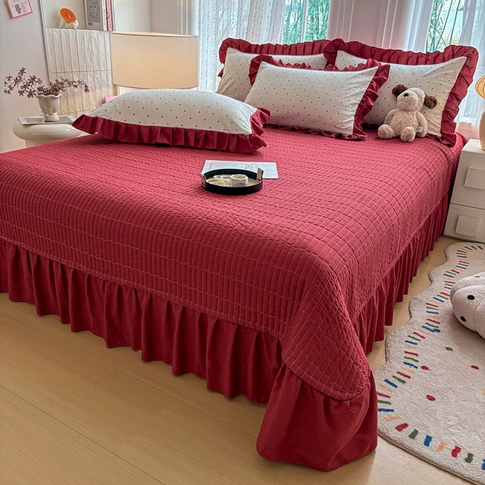 91家纺网 家纺一手货源 找家纺 铠畅 2026春夏新款 锦朵系列韩版水洗棉小清新古棉床盖四件套 锦朵 红波甜梦