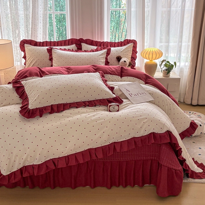 铠畅 2026春夏新款 锦朵系列韩版水洗棉小清新古棉床盖四件套 锦朵 红波甜梦