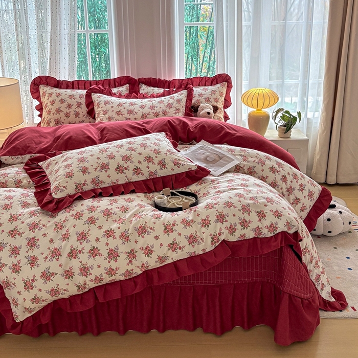 铠畅 2026春夏新款 锦朵系列韩版水洗棉小清新古棉床盖四件套 锦朵 花漾粉