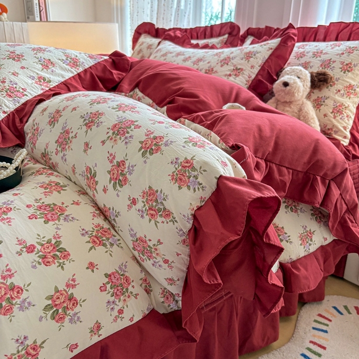 91家纺网 家纺一手货源 找家纺 铠畅 2026春夏新款 锦朵系列韩版水洗棉小清新古棉床盖四件套 锦朵 花漾粉