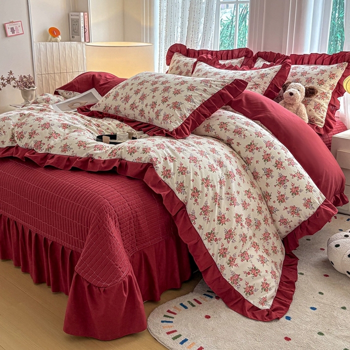 91家纺网 家纺一手货源 找家纺 铠畅 2026春夏新款 锦朵系列韩版水洗棉小清新古棉床盖四件套 锦朵 花漾粉