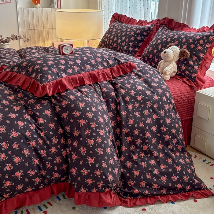 91家纺网 家纺一手货源 找家纺 铠畅 2026春夏新款 锦朵系列韩版水洗棉小清新古棉床盖四件套 锦朵 花漾红