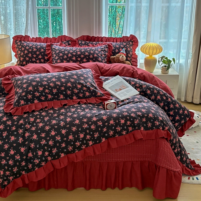 铠畅 2026春夏新款 锦朵系列韩版水洗棉小清新古棉床盖四件套 锦朵 花漾红