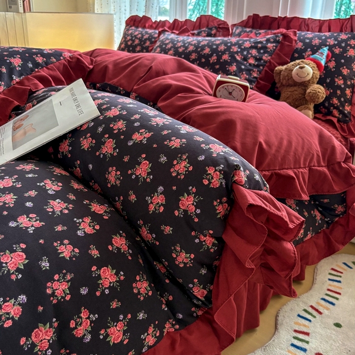 91家纺网 家纺一手货源 找家纺 铠畅 2026春夏新款 锦朵系列韩版水洗棉小清新古棉床盖四件套 锦朵 花漾红