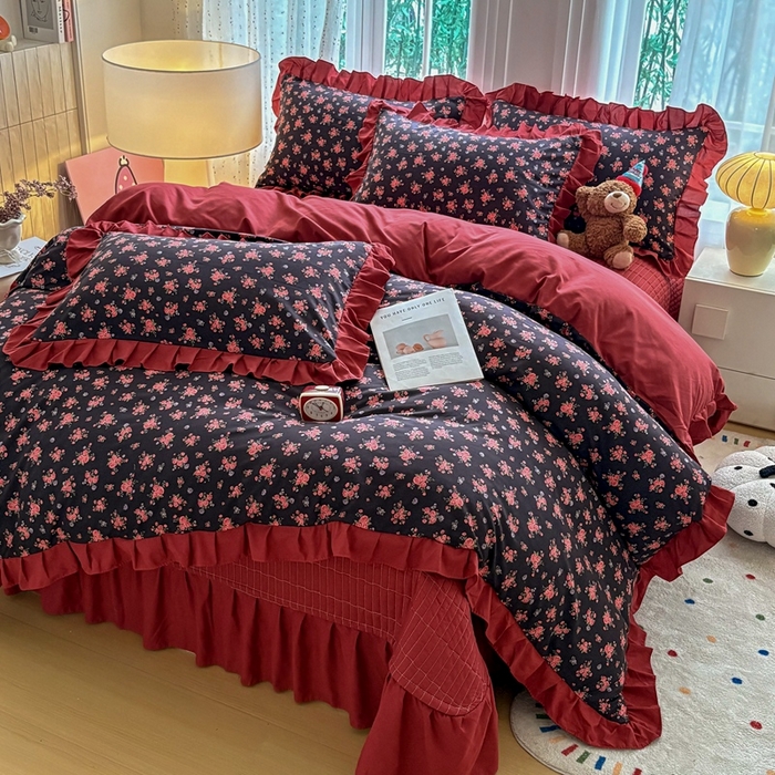 91家纺网 家纺一手货源 找家纺 铠畅 2026春夏新款 锦朵系列韩版水洗棉小清新古棉床盖四件套 锦朵 花漾红