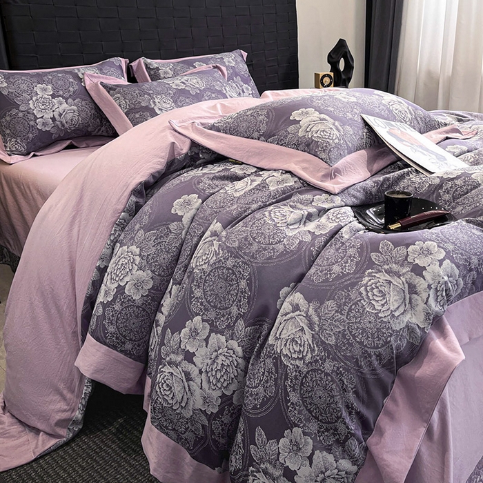 91家纺网 家纺一手货源 找家纺 库里梦家纺 2026新款天丝色织提花高精密斜纹棉四件套 繁花-豆沙