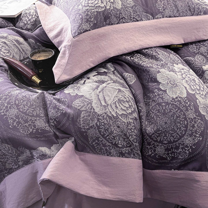 91家纺网 家纺一手货源 找家纺 库里梦家纺 2026新款天丝色织提花高精密斜纹棉四件套 繁花-豆沙