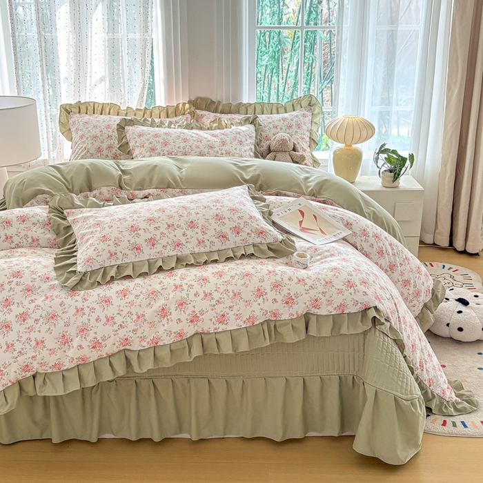 铠畅 2026春夏新款 锦朵系列韩版水洗棉小清新古棉床盖四件套 锦朵 花漾青禾