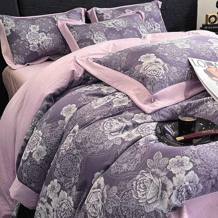 91家纺网 家纺一手货源 找家纺 库里梦家纺 2026新款天丝色织提花高精密斜纹棉四件套 繁花-豆沙