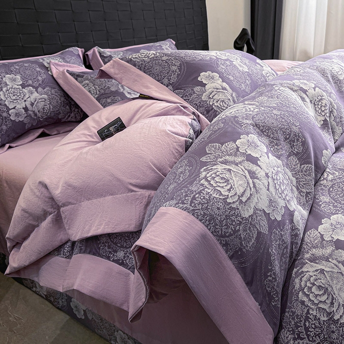 91家纺网 家纺一手货源 找家纺 库里梦家纺 2026新款天丝色织提花高精密斜纹棉四件套 繁花-豆沙