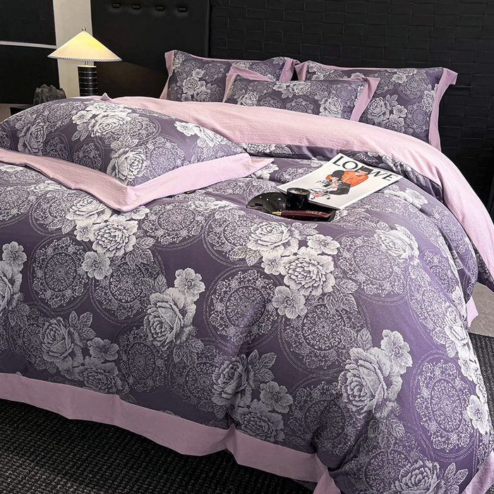 91家纺网 家纺一手货源 找家纺 库里梦家纺 2026新款天丝色织提花高精密斜纹棉四件套 繁花-豆沙