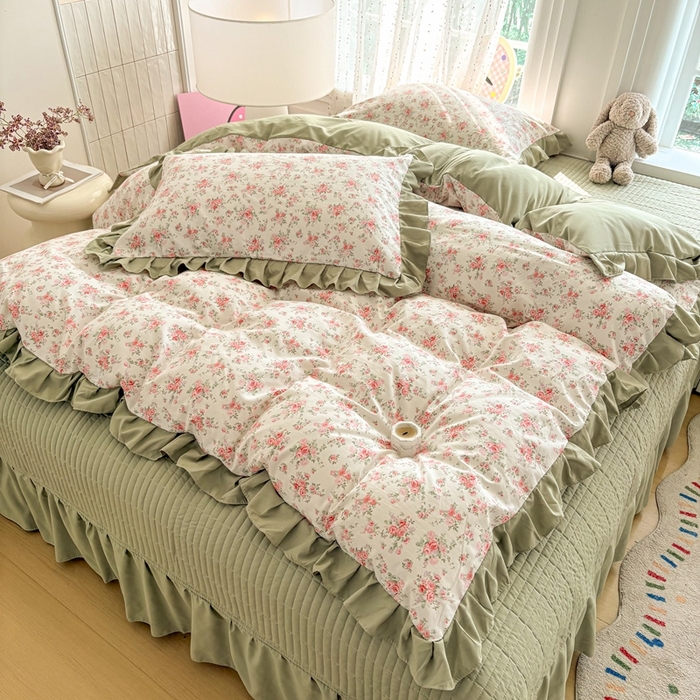 91家纺网 家纺一手货源 找家纺 铠畅 2026春夏新款 锦朵系列韩版水洗棉小清新古棉床盖四件套 锦朵 花漾青禾