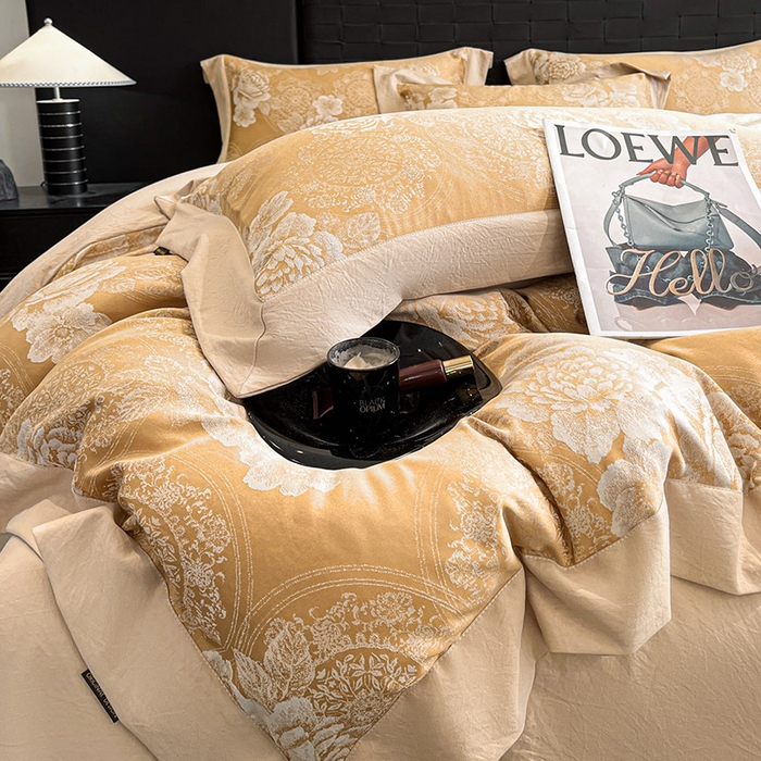 91家纺网 家纺一手货源 找家纺 库里梦家纺 2026新款天丝色织提花高精密斜纹棉四件套 繁花-金黄