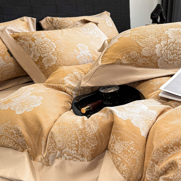 91家纺网 家纺一手货源 找家纺 库里梦家纺 2026新款天丝色织提花高精密斜纹棉四件套 繁花-金黄