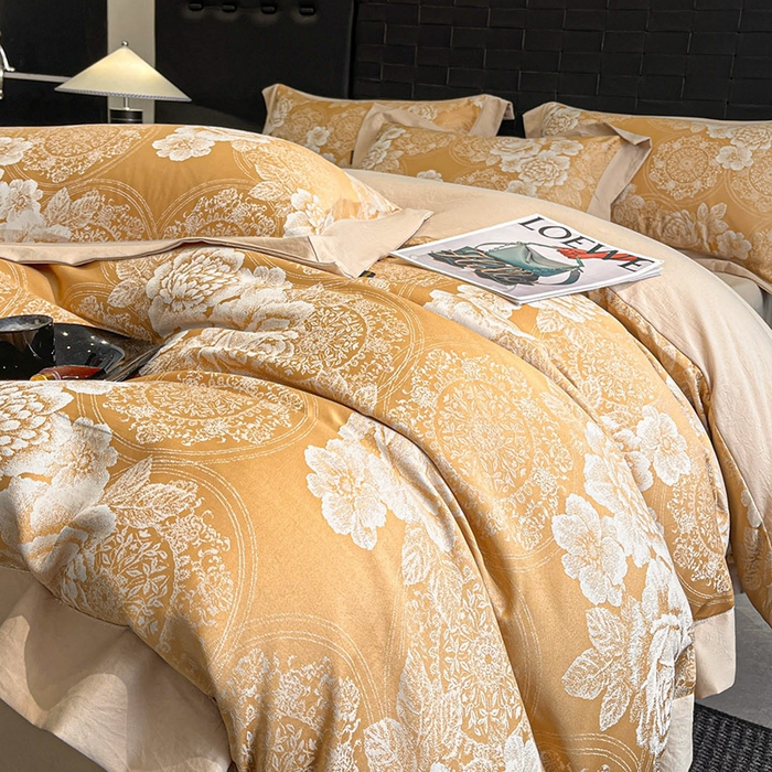 91家纺网 家纺一手货源 找家纺 库里梦家纺 2026新款天丝色织提花高精密斜纹棉四件套 繁花-金黄