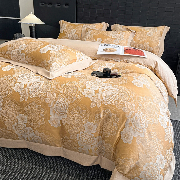 91家纺网 家纺一手货源 找家纺 库里梦家纺 2026新款天丝色织提花高精密斜纹棉四件套 繁花-金黄