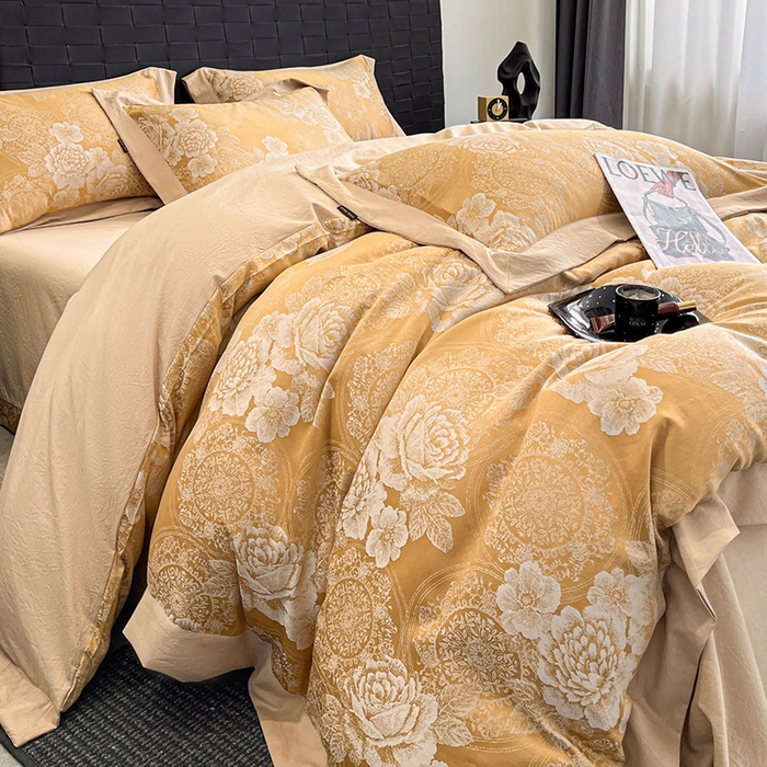 91家纺网 家纺一手货源 找家纺 库里梦家纺 2026新款天丝色织提花高精密斜纹棉四件套 繁花-金黄