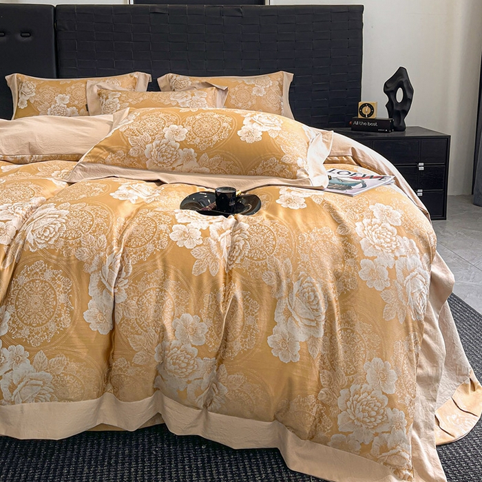 91家纺网 家纺一手货源 找家纺 库里梦家纺 2026新款天丝色织提花高精密斜纹棉四件套 繁花-金黄