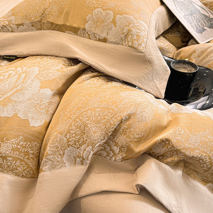 91家纺网 家纺一手货源 找家纺 库里梦家纺 2026新款天丝色织提花高精密斜纹棉四件套 繁花-金黄