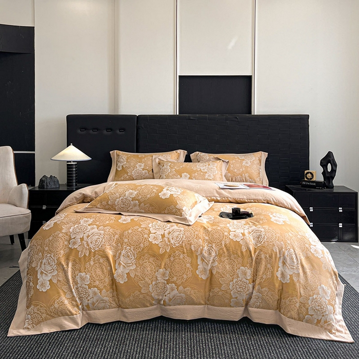 库里梦家纺 2026新款天丝色织提花高精密斜纹棉四件套 繁花-金黄