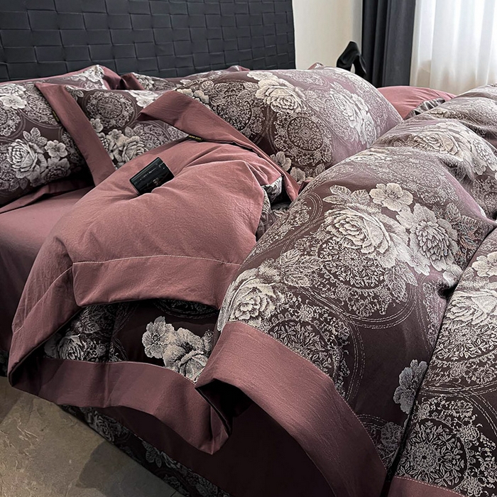 91家纺网 家纺一手货源 找家纺 库里梦家纺 2026新款天丝色织提花高精密斜纹棉四件套 繁花-砖红