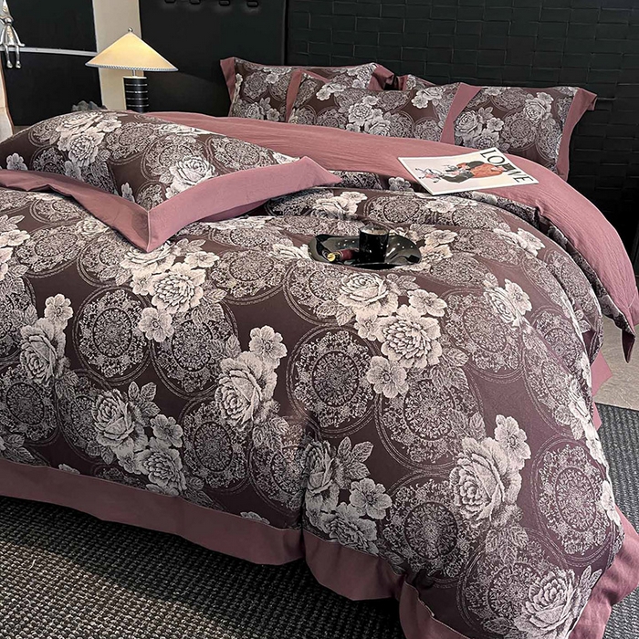 91家纺网 家纺一手货源 找家纺 库里梦家纺 2026新款天丝色织提花高精密斜纹棉四件套 繁花-砖红