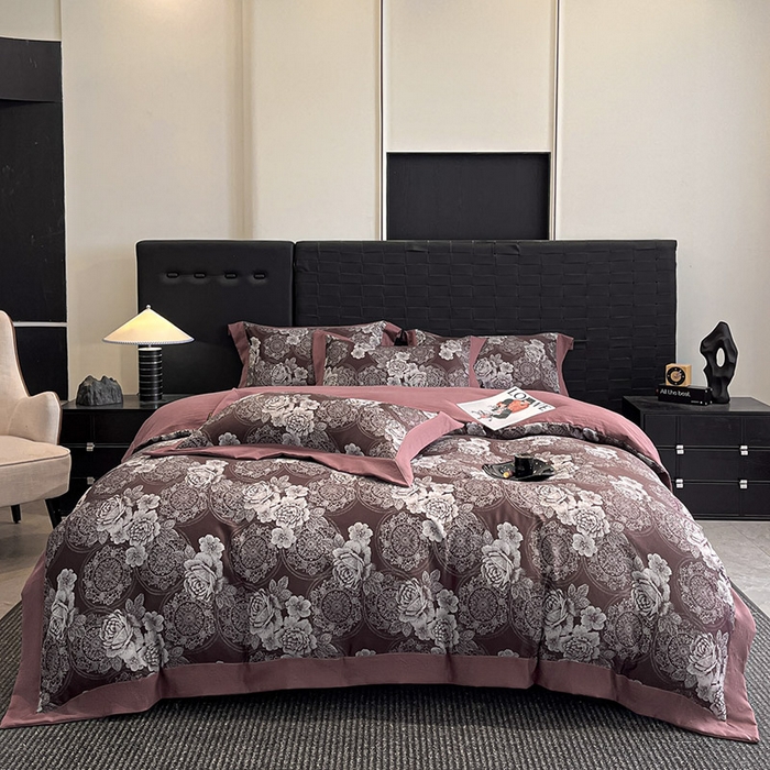 库里梦家纺 2026新款天丝色织提花高精密斜纹棉四件套 繁花-砖红