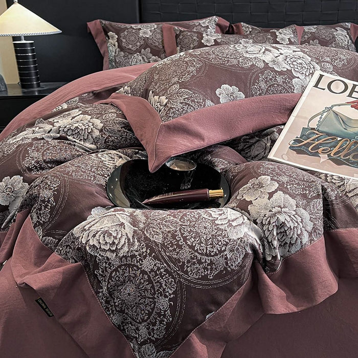 91家纺网 家纺一手货源 找家纺 库里梦家纺 2026新款天丝色织提花高精密斜纹棉四件套 繁花-砖红