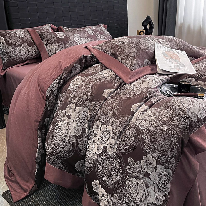 91家纺网 家纺一手货源 找家纺 库里梦家纺 2026新款天丝色织提花高精密斜纹棉四件套 繁花-砖红