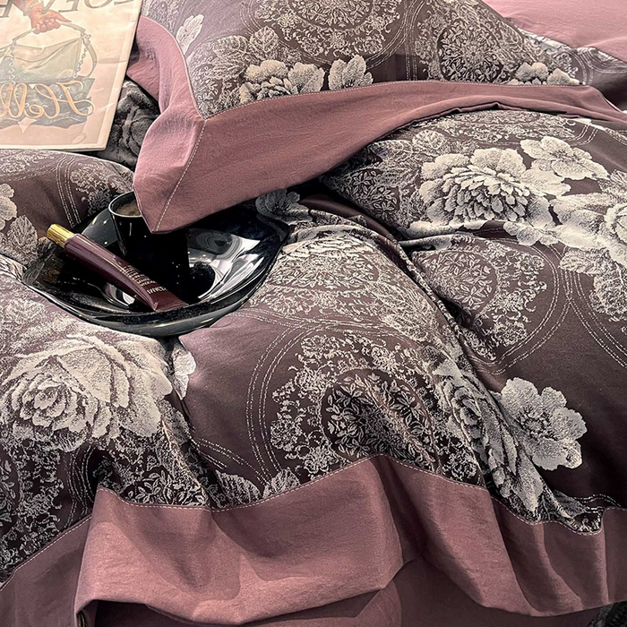 91家纺网 家纺一手货源 找家纺 库里梦家纺 2026新款天丝色织提花高精密斜纹棉四件套 繁花-砖红