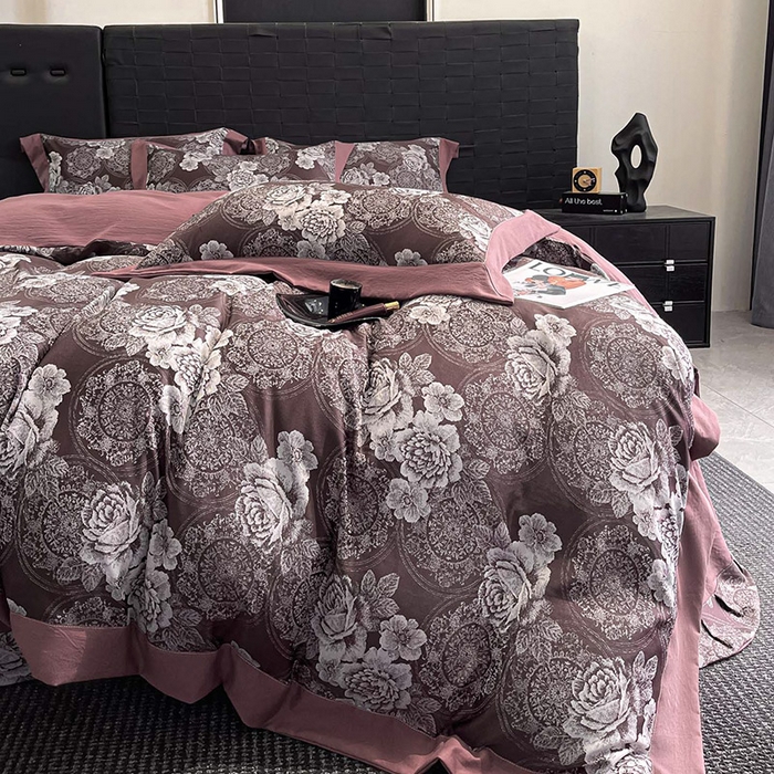 91家纺网 家纺一手货源 找家纺 库里梦家纺 2026新款天丝色织提花高精密斜纹棉四件套 繁花-砖红