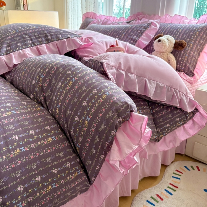 91家纺网 家纺一手货源 找家纺 铠畅 2026春夏新款 锦朵系列韩版水洗棉小清新古棉床盖四件套 锦朵 花漾紫