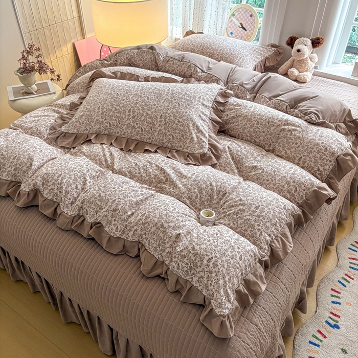 91家纺网 家纺一手货源 找家纺 铠畅 2026春夏新款 锦朵系列韩版水洗棉小清新古棉床盖四件套 锦朵 花野