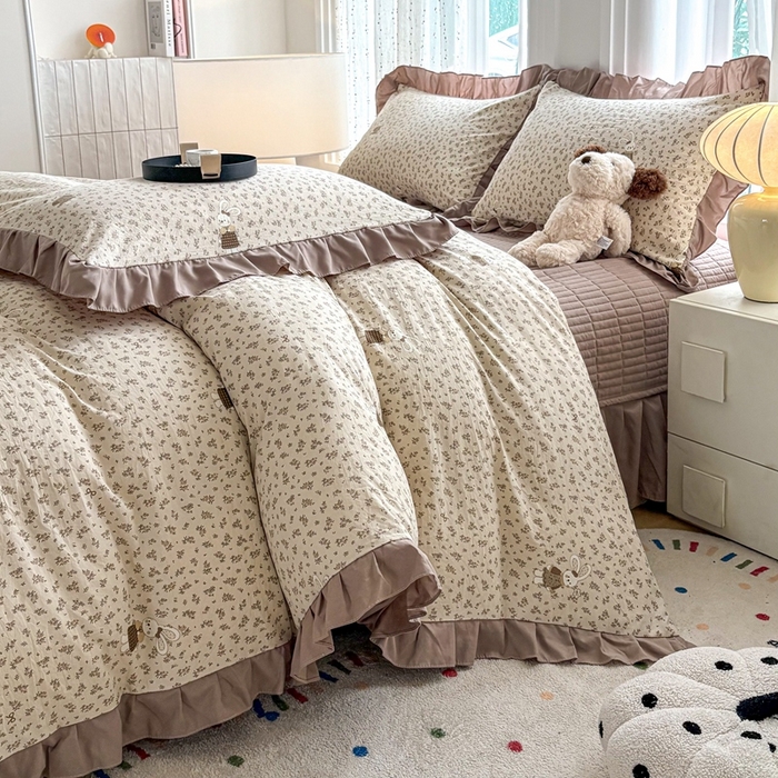 91家纺网 家纺一手货源 找家纺 铠畅 2026春夏新款 锦朵系列韩版水洗棉小清新古棉床盖四件套 锦朵 花语兔