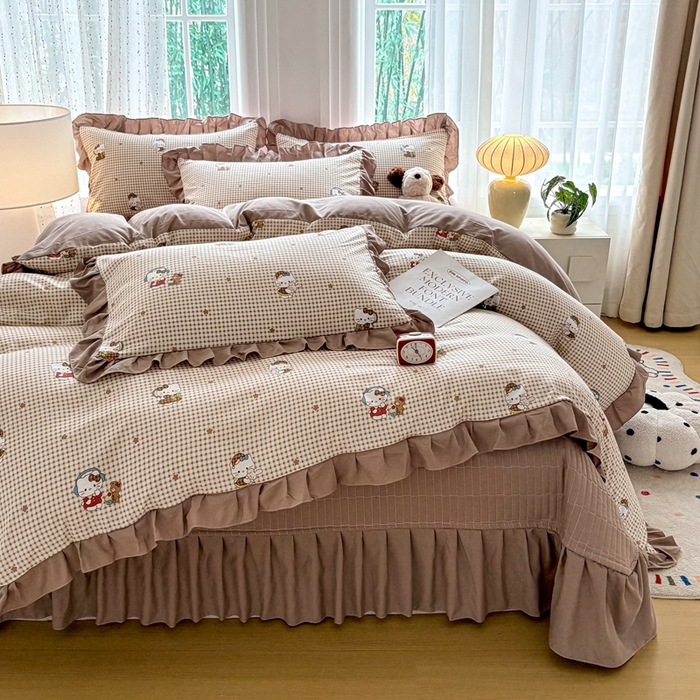 铠畅 2026春夏新款 锦朵系列韩版水洗棉小清新古棉床盖四件套 锦朵 咖格喵语