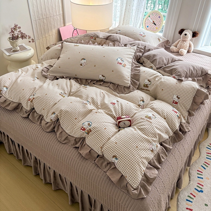 91家纺网 家纺一手货源 找家纺 铠畅 2026春夏新款 锦朵系列韩版水洗棉小清新古棉床盖四件套 锦朵 咖格喵语