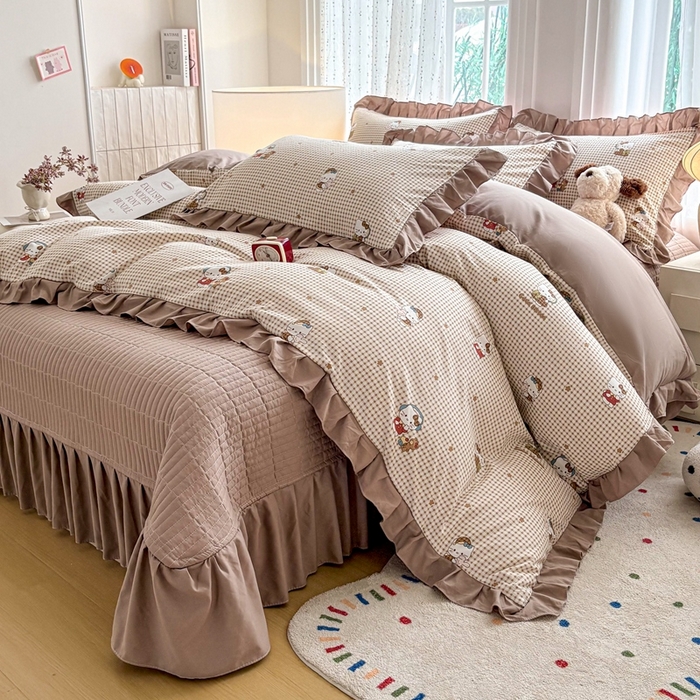 91家纺网 家纺一手货源 找家纺 铠畅 2026春夏新款 锦朵系列韩版水洗棉小清新古棉床盖四件套 锦朵 咖格喵语