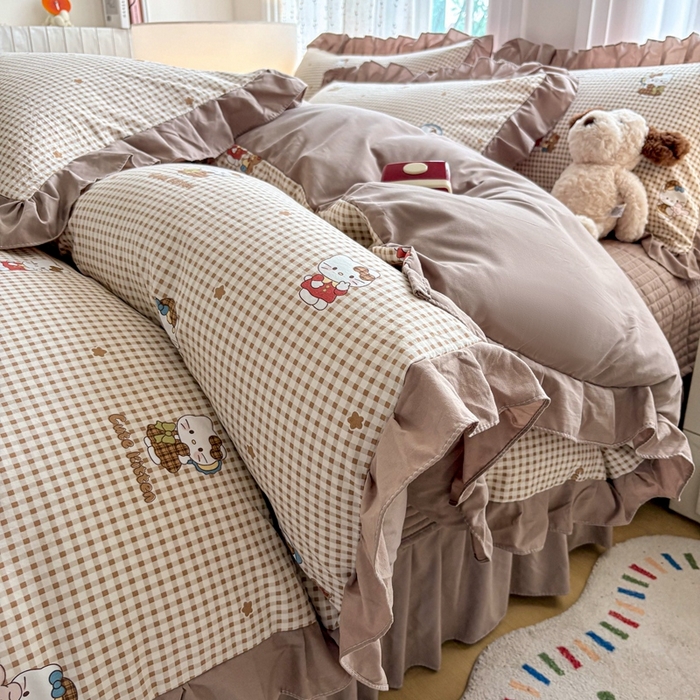 91家纺网 家纺一手货源 找家纺 铠畅 2026春夏新款 锦朵系列韩版水洗棉小清新古棉床盖四件套 锦朵 咖格喵语