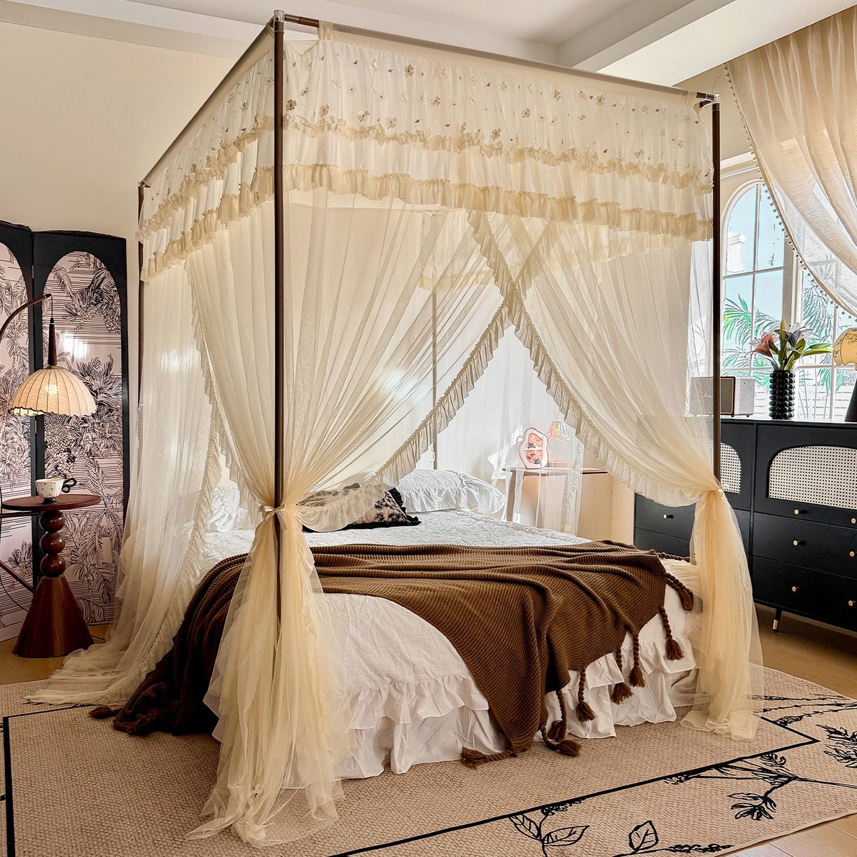 91家纺网 家纺一手货源 找家纺 （总）都市缘蚊帐 2026年新款202四叶草绣花落地宫廷蚊帐1.5m 1.8m