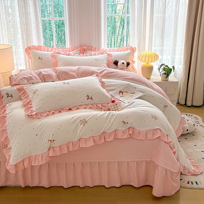 铠畅 2026春夏新款 锦朵系列韩版水洗棉小清新古棉床盖四件套 锦朵 木马乐园粉