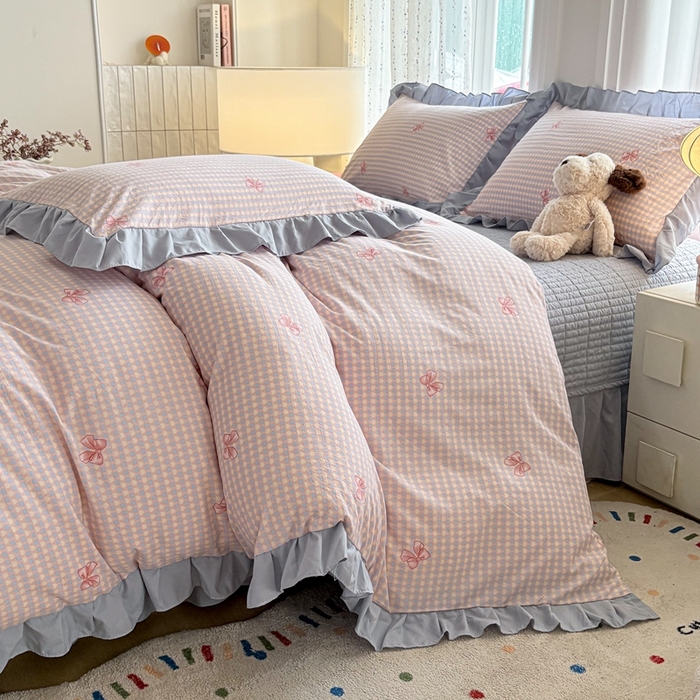 91家纺网 家纺一手货源 找家纺 铠畅 2026春夏新款 锦朵系列韩版水洗棉小清新古棉床盖四件套 锦朵 浅蓝密语