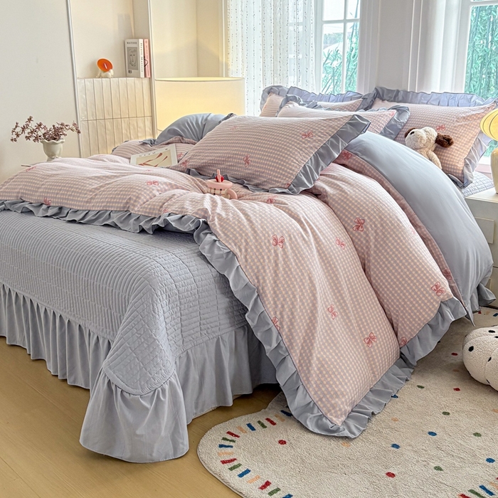 91家纺网 家纺一手货源 找家纺 铠畅 2026春夏新款 锦朵系列韩版水洗棉小清新古棉床盖四件套 锦朵 浅蓝密语