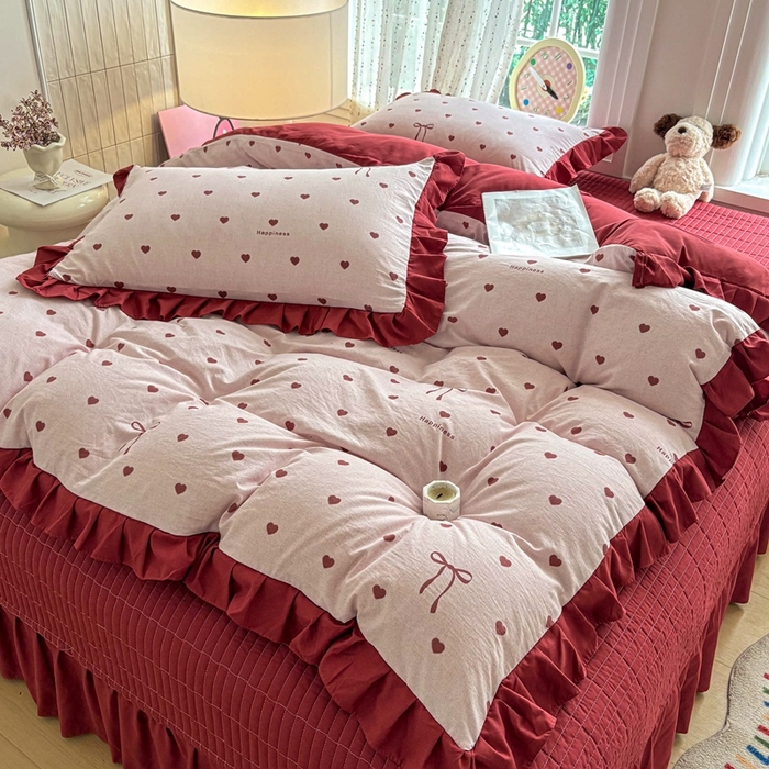 91家纺网 家纺一手货源 找家纺 铠畅 2026春夏新款 锦朵系列韩版水洗棉小清新古棉床盖四件套 锦朵 甜粉结