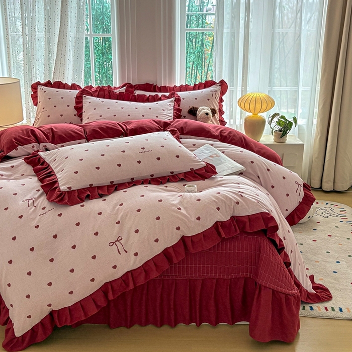 铠畅 2026春夏新款 锦朵系列韩版水洗棉小清新古棉床盖四件套 锦朵 甜粉结