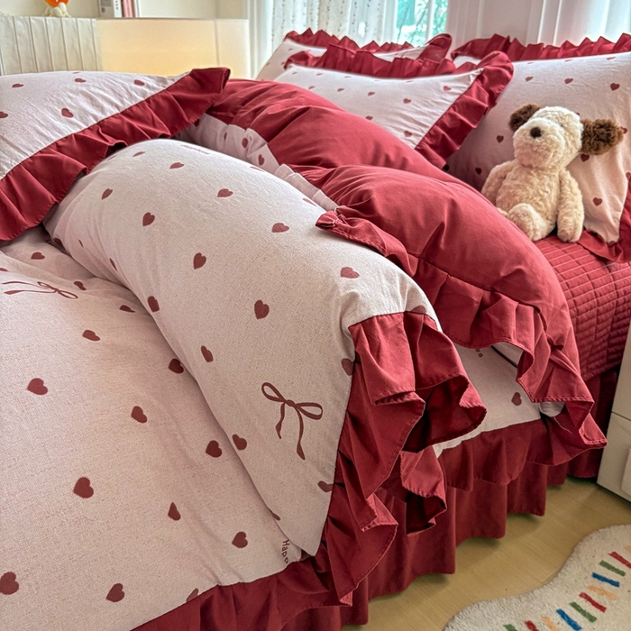 91家纺网 家纺一手货源 找家纺 铠畅 2026春夏新款 锦朵系列韩版水洗棉小清新古棉床盖四件套 锦朵 甜粉结