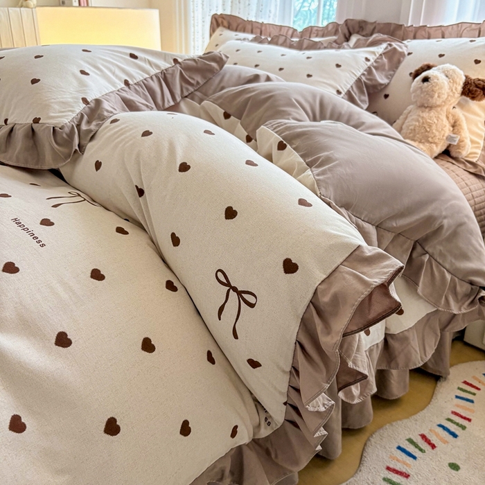 91家纺网 家纺一手货源 找家纺 铠畅 2026春夏新款 锦朵系列韩版水洗棉小清新古棉床盖四件套 锦朵 甜咖结